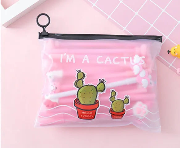 Twenty colourful cartoon cactus pens with Marvel designs in plastic storage case