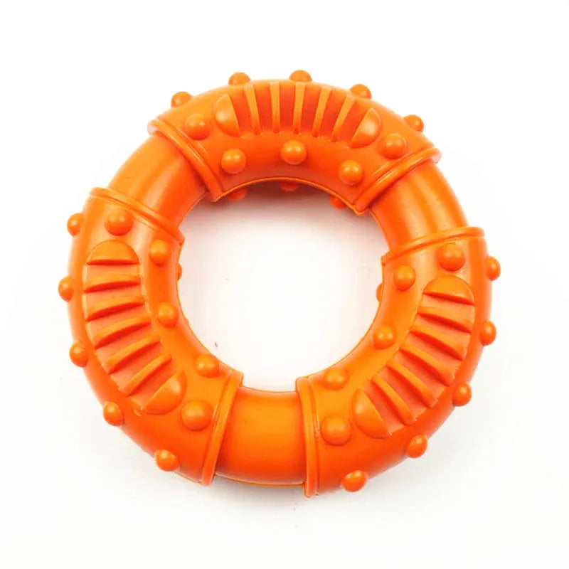 Blue, orange, and red bouncy hollow dog fetching stick toy for chewers and fetch games.