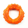 Blue, orange, and red bouncy hollow dog fetching stick toy for chewers and fetch games.