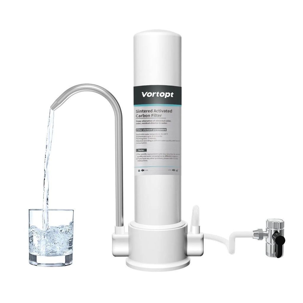 White F8 countertop carbon rod water filter purifier on a kitchen worktop