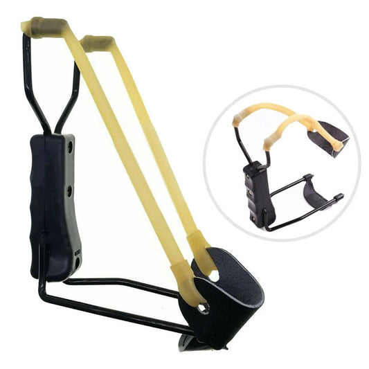 Compact folding slingshot with aluminum frame and leather pouch for outdoor sports