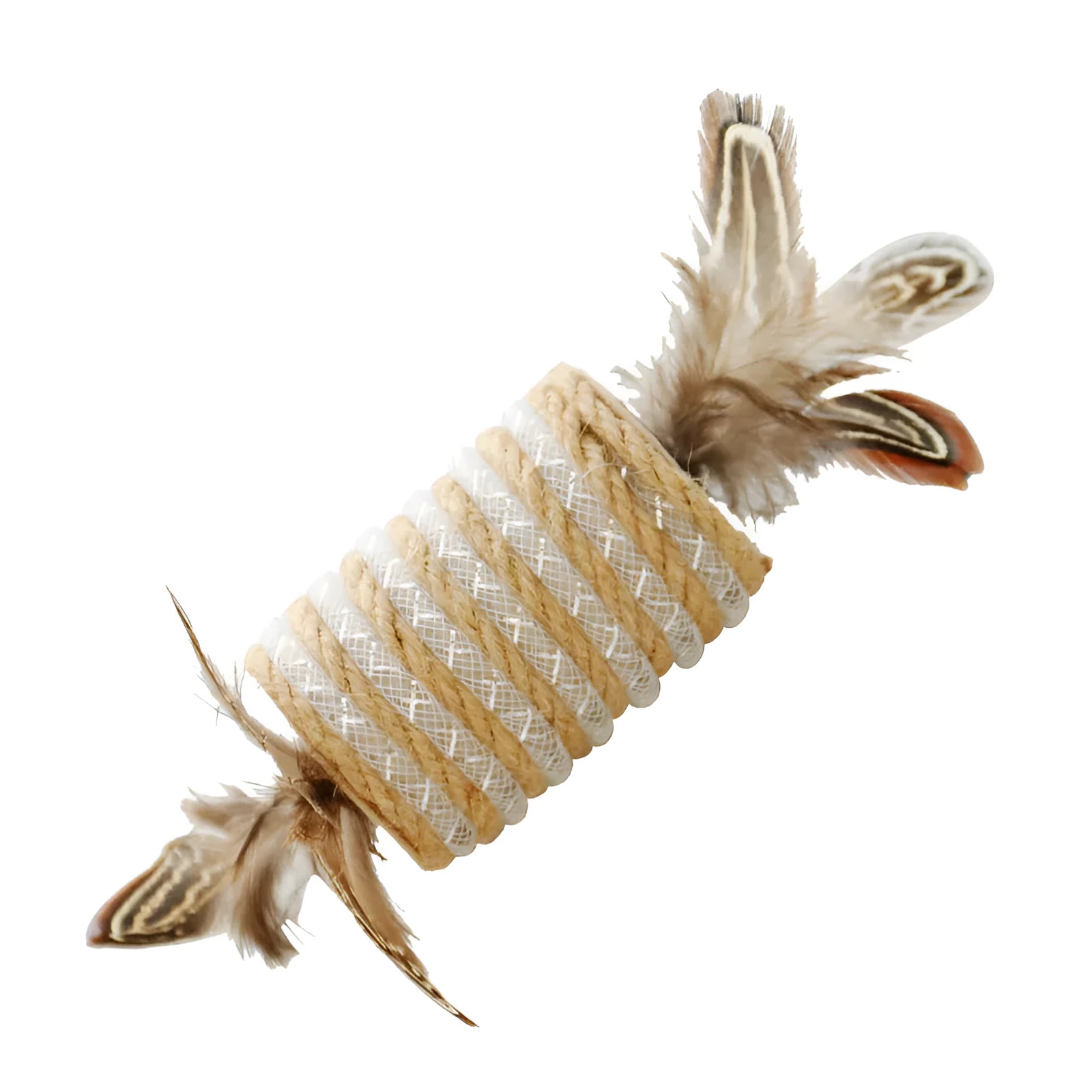 Beige cat toy with hemp rope scratching surface, attached feathers, and a roller for claw grinding.