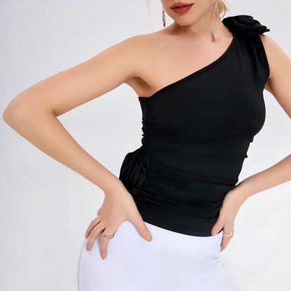 Black one-shoulder pleated flaperon vest top with three-dimensional rose detail, 25cm length size S, 95% polyester stretch fabric