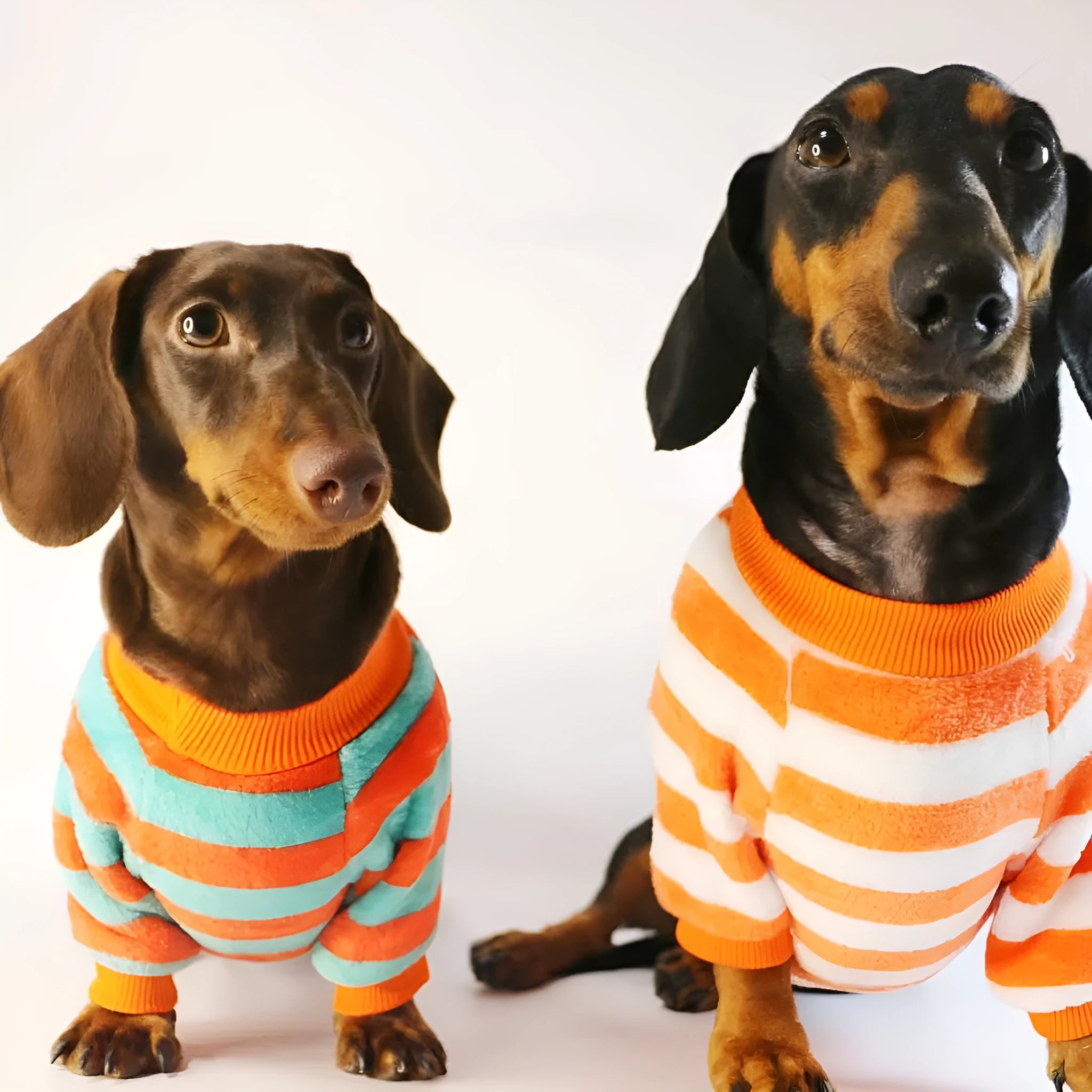 Pet dog wearing orange and white striped casual sweatshirt with round neck
