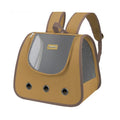 Solid colour Oxford cloth pet backpack for cats shown in light blue, worn on a person's back.