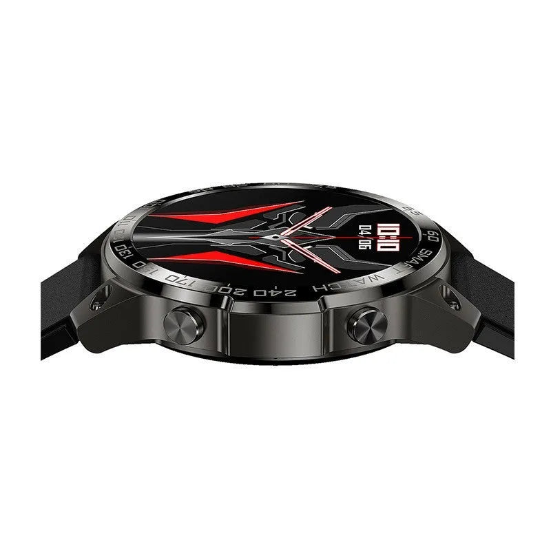 Round dial sports watch with silicone strap showing always-on AMOLED display with fitness metrics