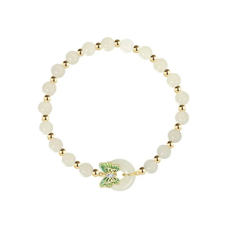 Cyan Hetian jade bracelet with sterling silver butterfly inlay and 6mm beads