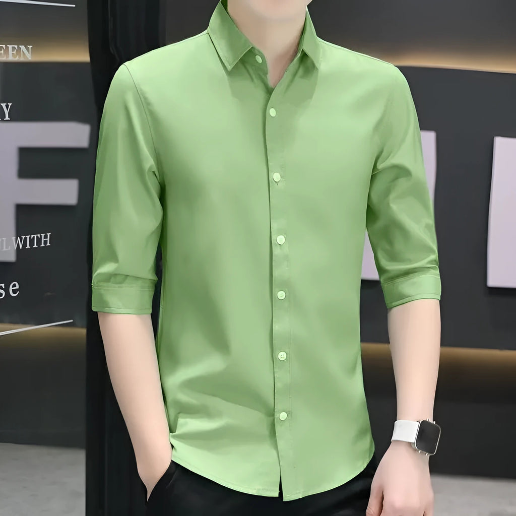 Men's slim-fit half-sleeve linen blend shirt in a solid colour on a hanger.
