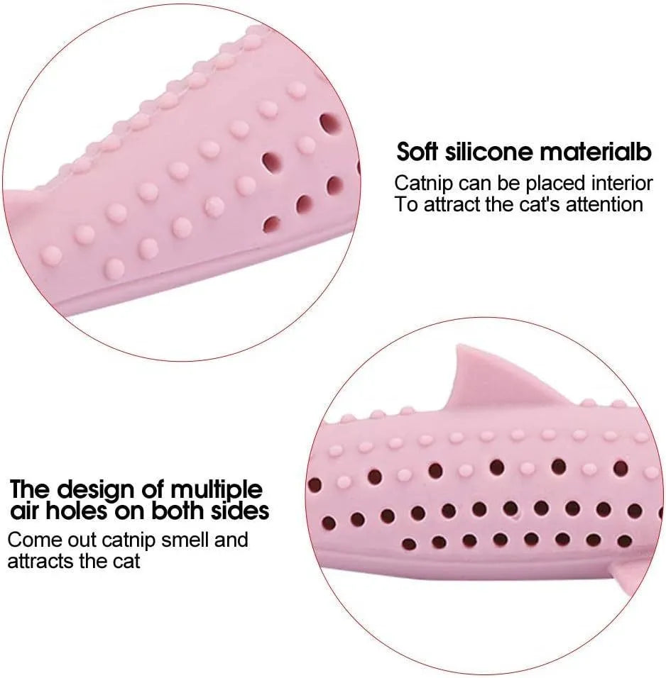Fish-shaped silicone chew toy for cats with breathable side holes in green colour