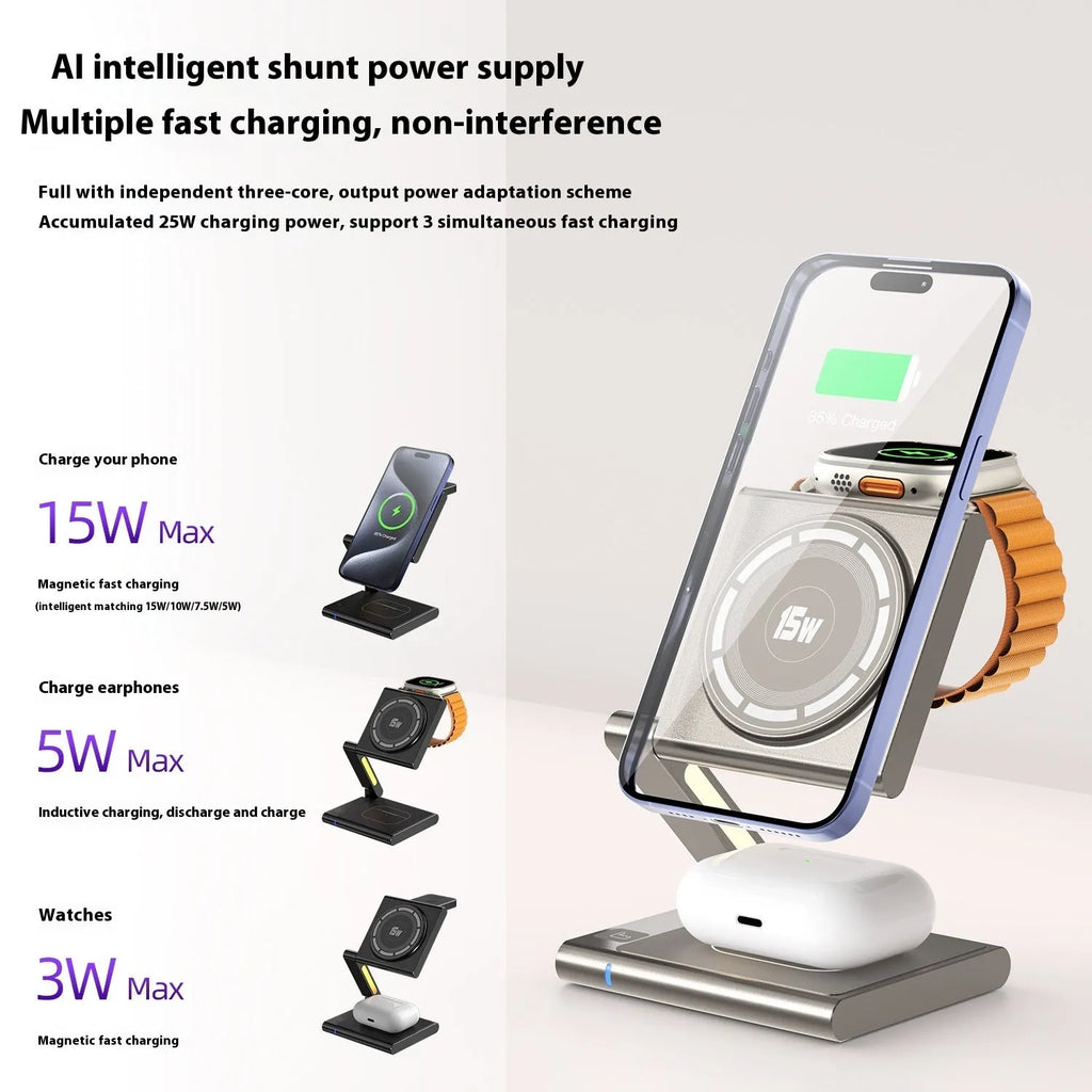 C40 aluminium alloy 3-in-1 folding wireless charger charging phone earphones and Apple Watch – black finish