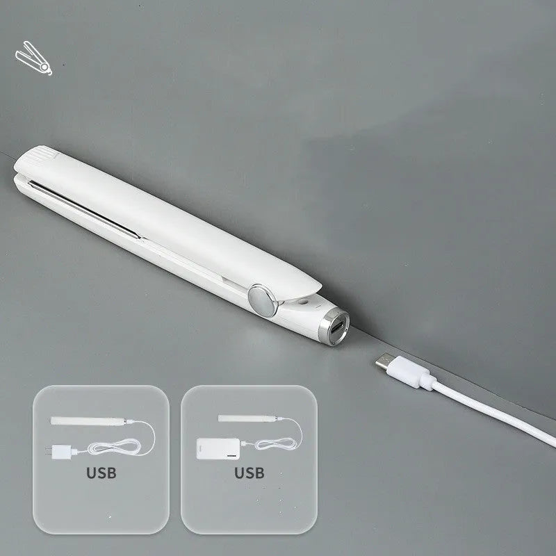 USB mini hair curler and straightener dual-use in black, 2cm by 19cm, with USB cable