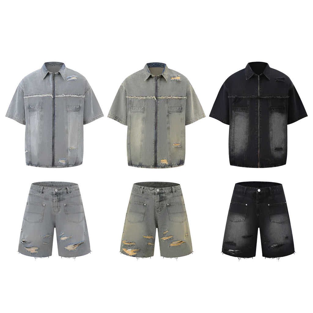 Denim overall suit with short sleeve top and trousers in street style