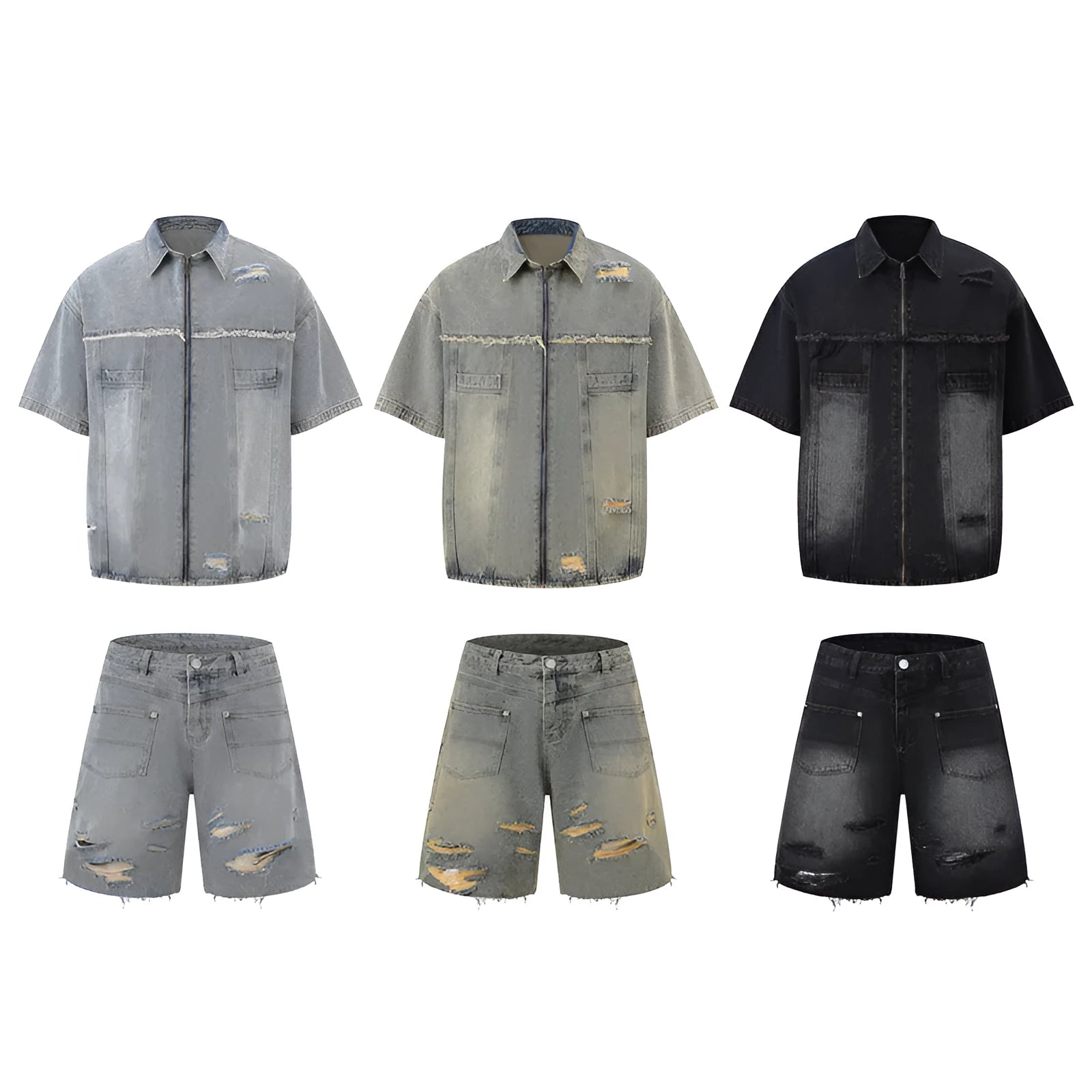 Denim overall suit with short sleeve top and trousers in street style