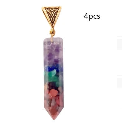 Seven chakra natural crushed stone hexagon column necklace with aura pendant in gold color