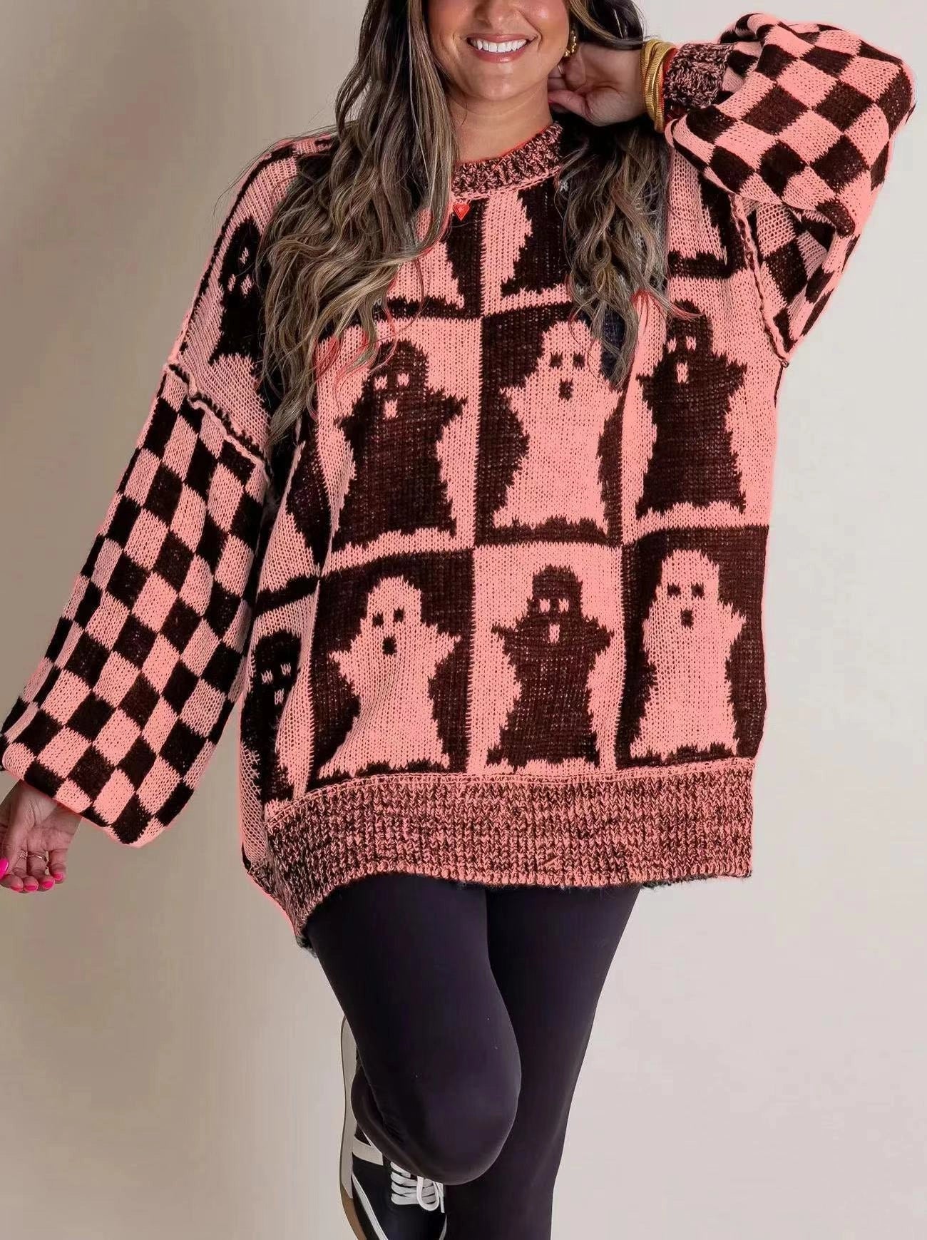 Halloween-themed pumpkin ghost knitted sweater for women in various colours