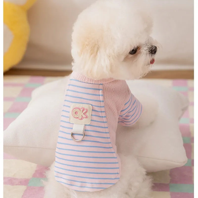 Cute striped knitted dog shirt with metal belt loop, pink and blue stripes style