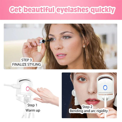 Rechargeable electric heated eyelash curler with temperature control settings, soft silicone pad, and compact, portable design for salon-quality lashes anytime, anywhere