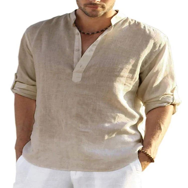 A stylish linen blend long sleeve shirt in various colors, featuring a tailored fit and stand collar design.