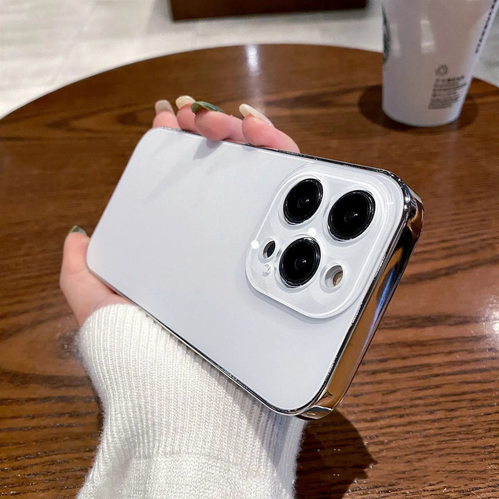 Electroplated TPU frosted acrylic phone case with matte finish for iPhone 11-14 series, showing black front and back against a neutral background