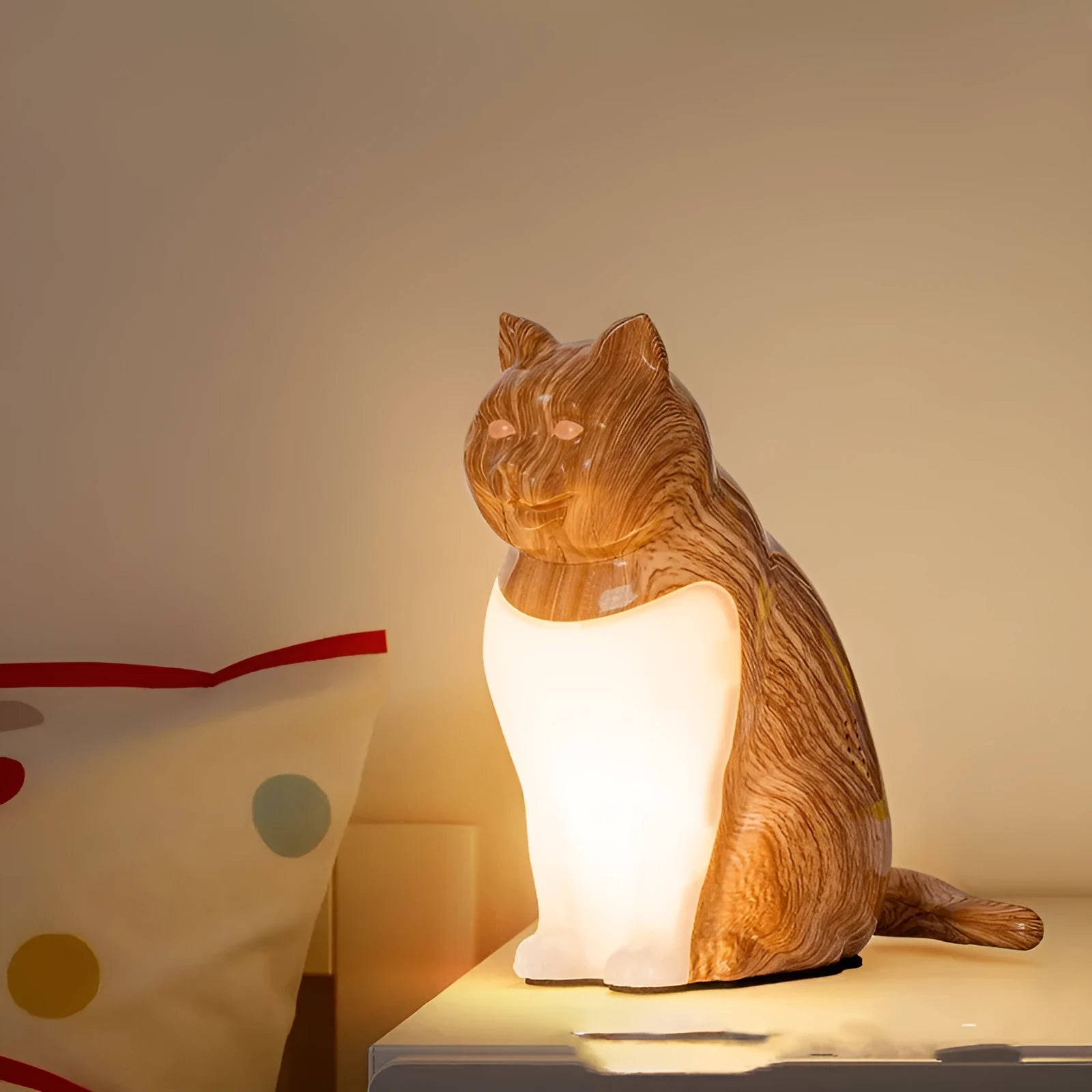 Cat shaped decorative table night light with USB charging in wood grain finish