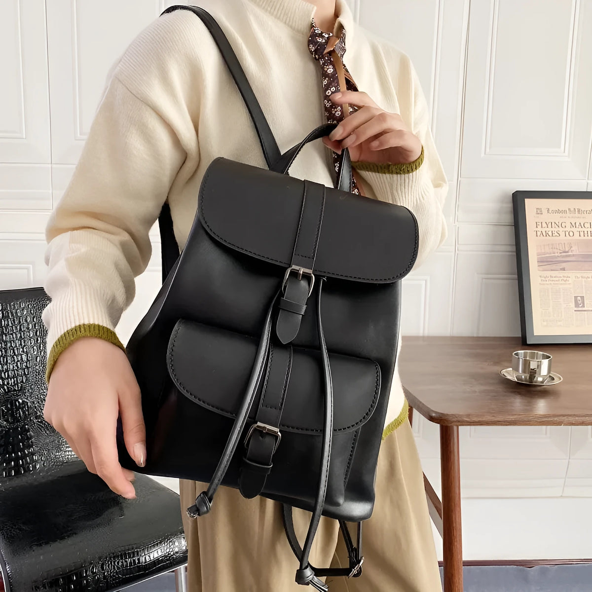 Retro college style female small bag in khaki, PU material, bucket clamshell shape with multiple internal pockets