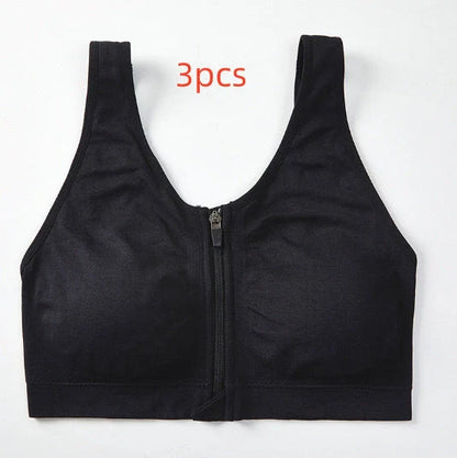 Front zipper sports bra in black with shockproof support and beauty back design