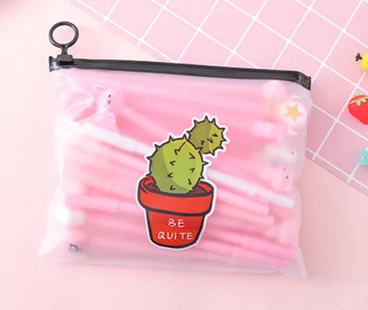 Twenty colourful cartoon cactus pens with Marvel designs in plastic storage case
