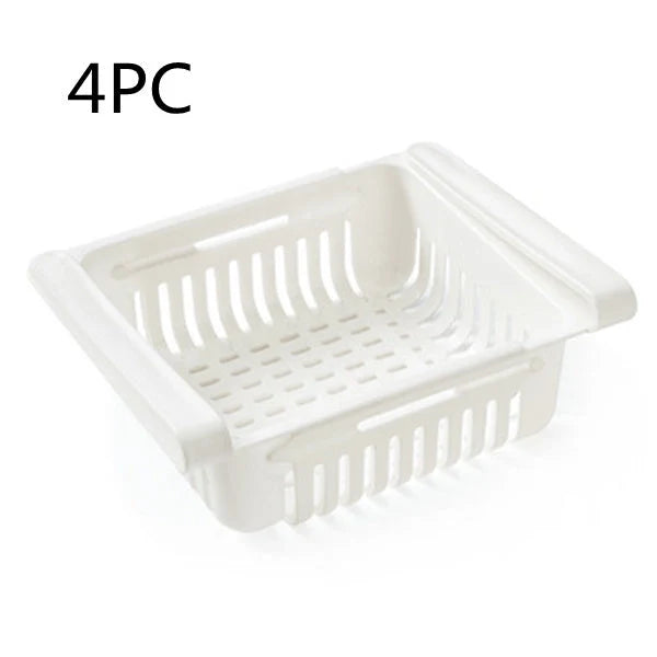 Stretchable refrigerator storage basket in white, blue, pink, and apricot colours