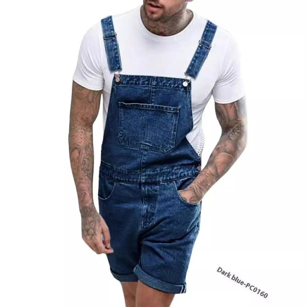 Men's medium elastic denim suspender pants in straight leg cut with detachable suspenders