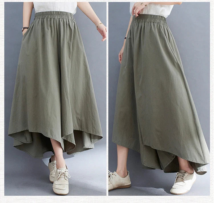 Women's fashionable loose wide-leg cropped pants in black, light green, blue, and apricot