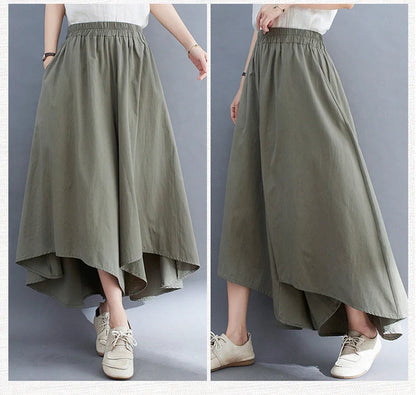 Women's fashionable loose wide-leg cropped pants in black, light green, blue, and apricot