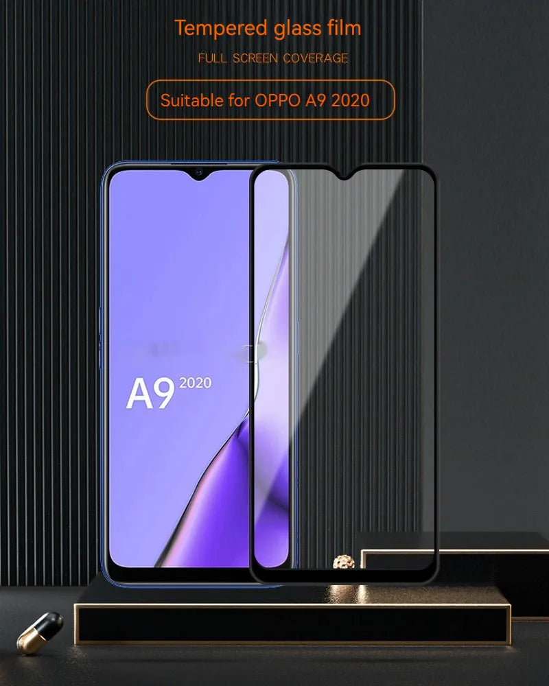 Full screen tempered glass protector for OPPO A9 2020 mobile phone showing full glue black design