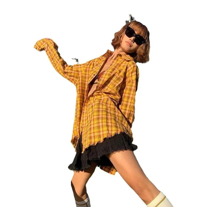 Dopamine yellow American plaid shirt with loose fit on hanger.