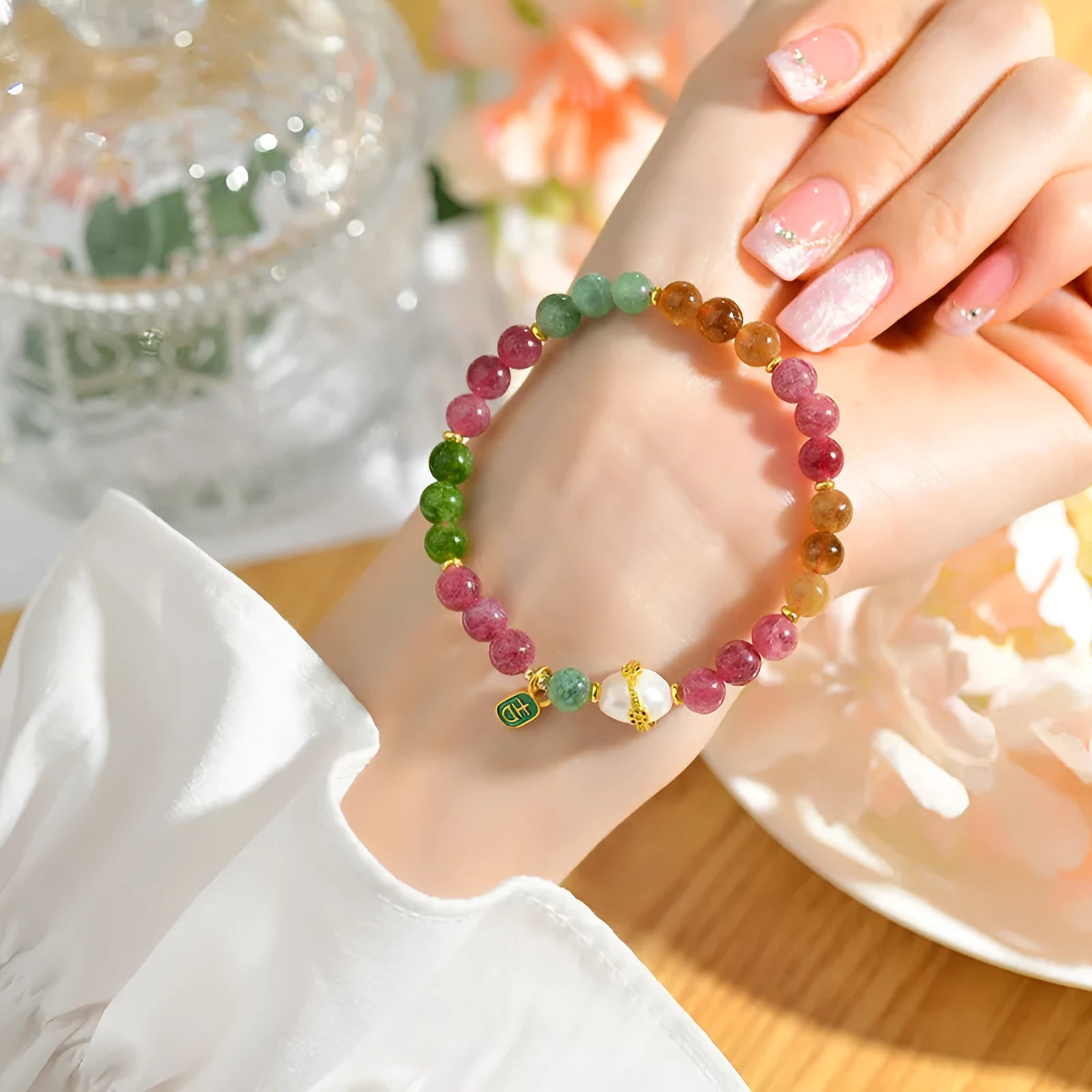 Geometric chalcedony bracelet with 6.5mm beads in optimised tourmaline colour Z054.