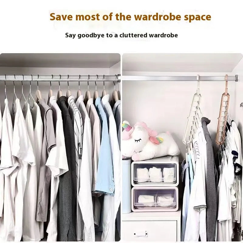 A green nine-hole plastic folding hanger for organising trousers and saving wardrobe space.