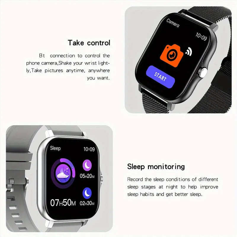 Smart watch with 1.44-inch colour touch screen and black silicone strap on a wrist