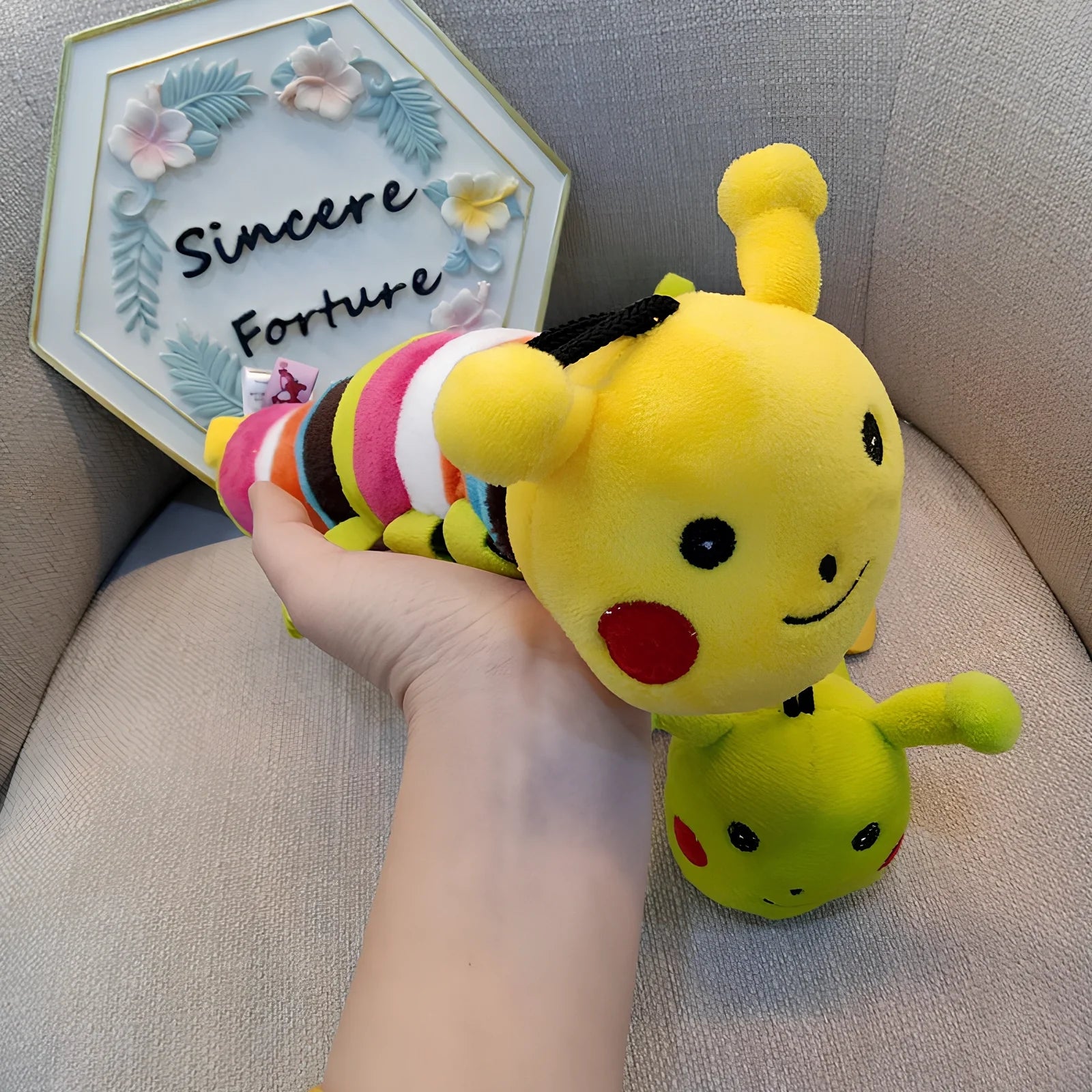 28cm green caterpillar sound toy with molar plush texture for dogs and cats, noil cloth exterior