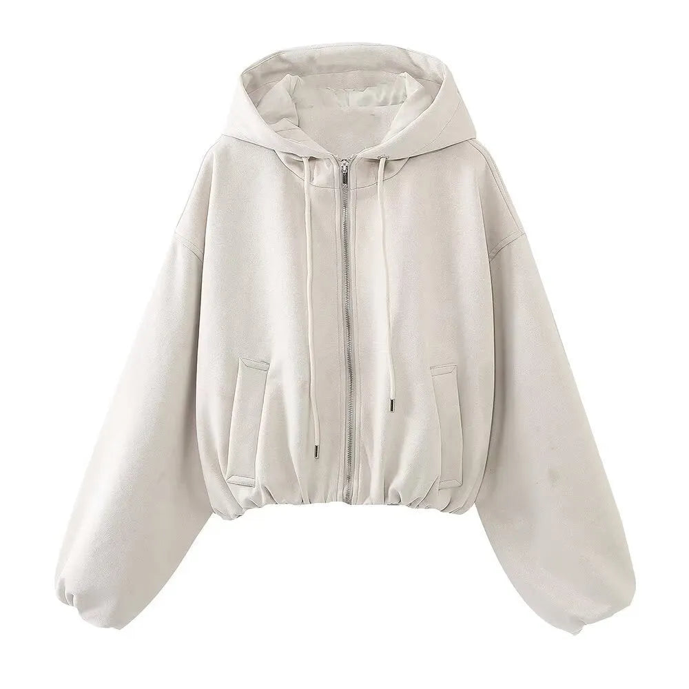 Women's casual hooded jacket in suede fabric available in black or white colours