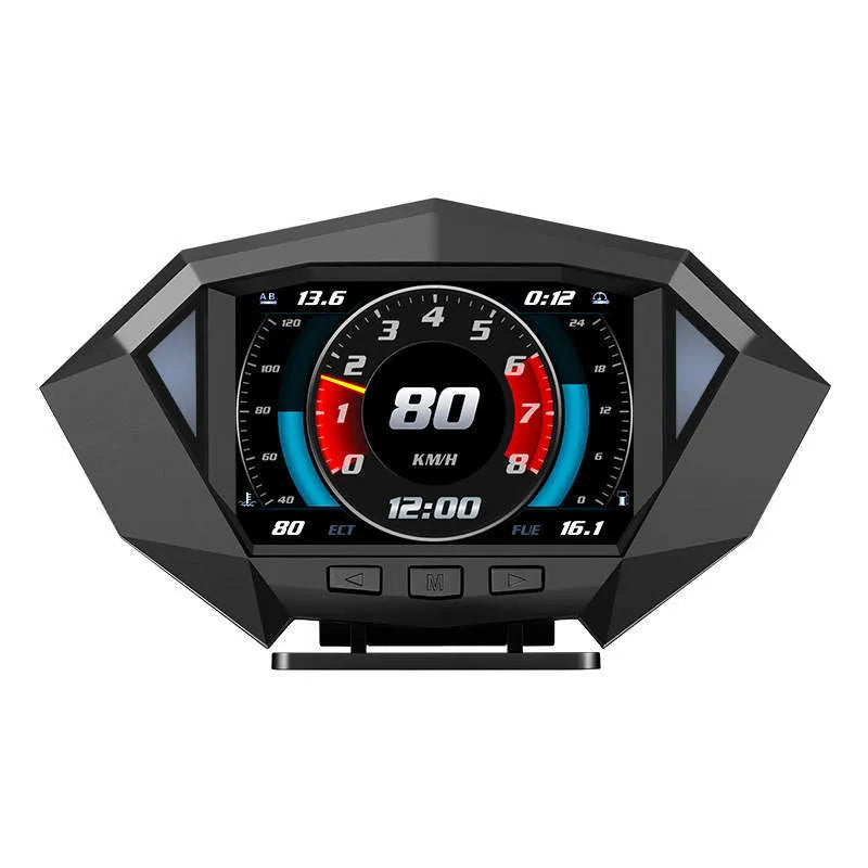 Black universal vehicle head-up display unit with LCD screen and OBD cable.