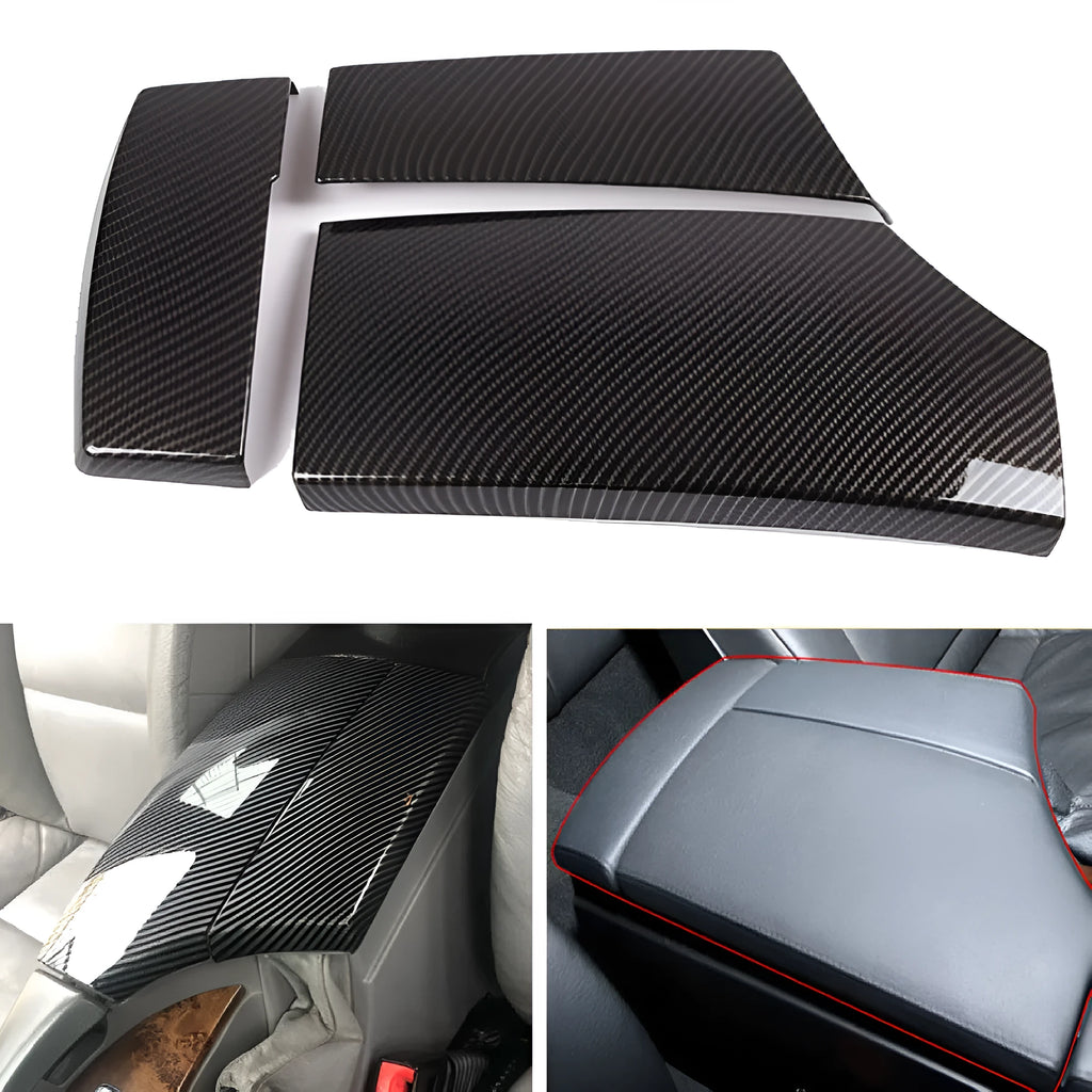 Three ABS armrest box protective covers with carbon fibre weave pattern showing polished surface