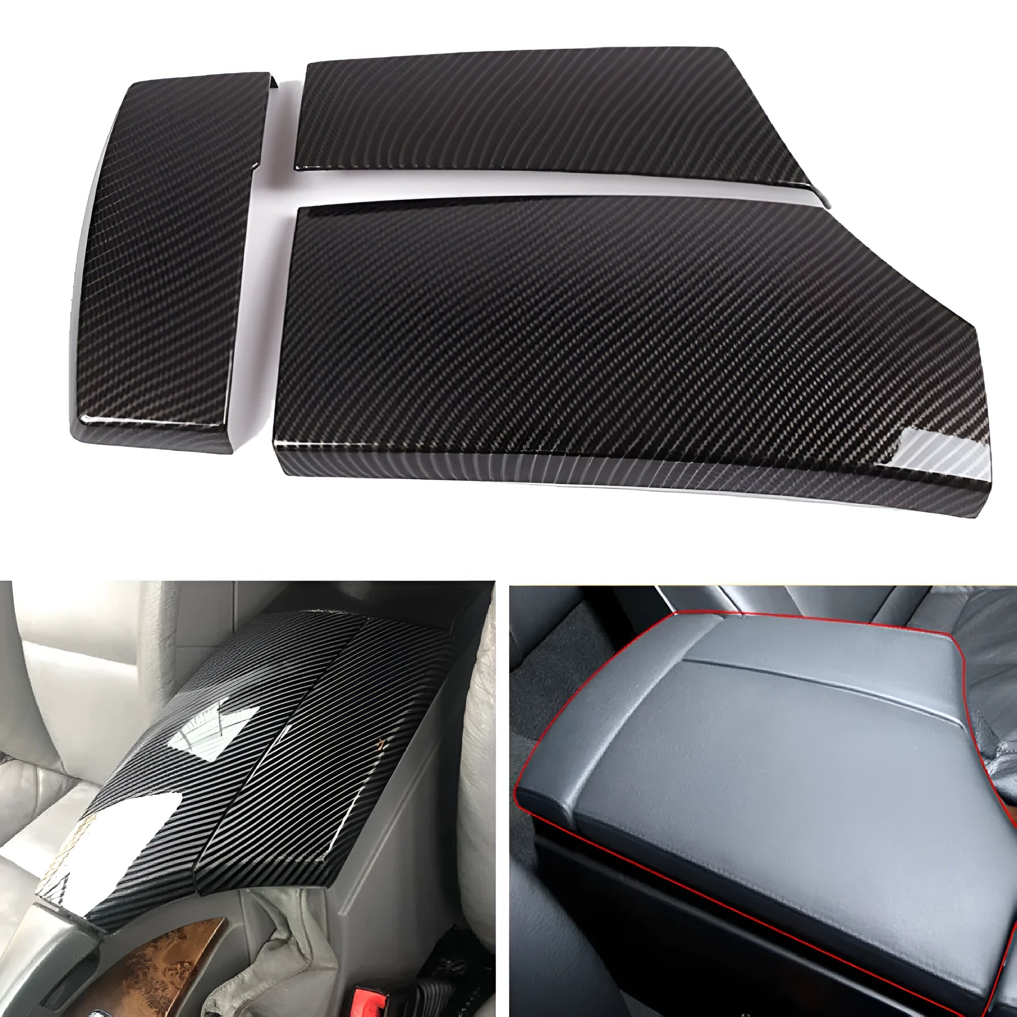 Three ABS armrest box protective covers with carbon fibre weave pattern showing polished surface