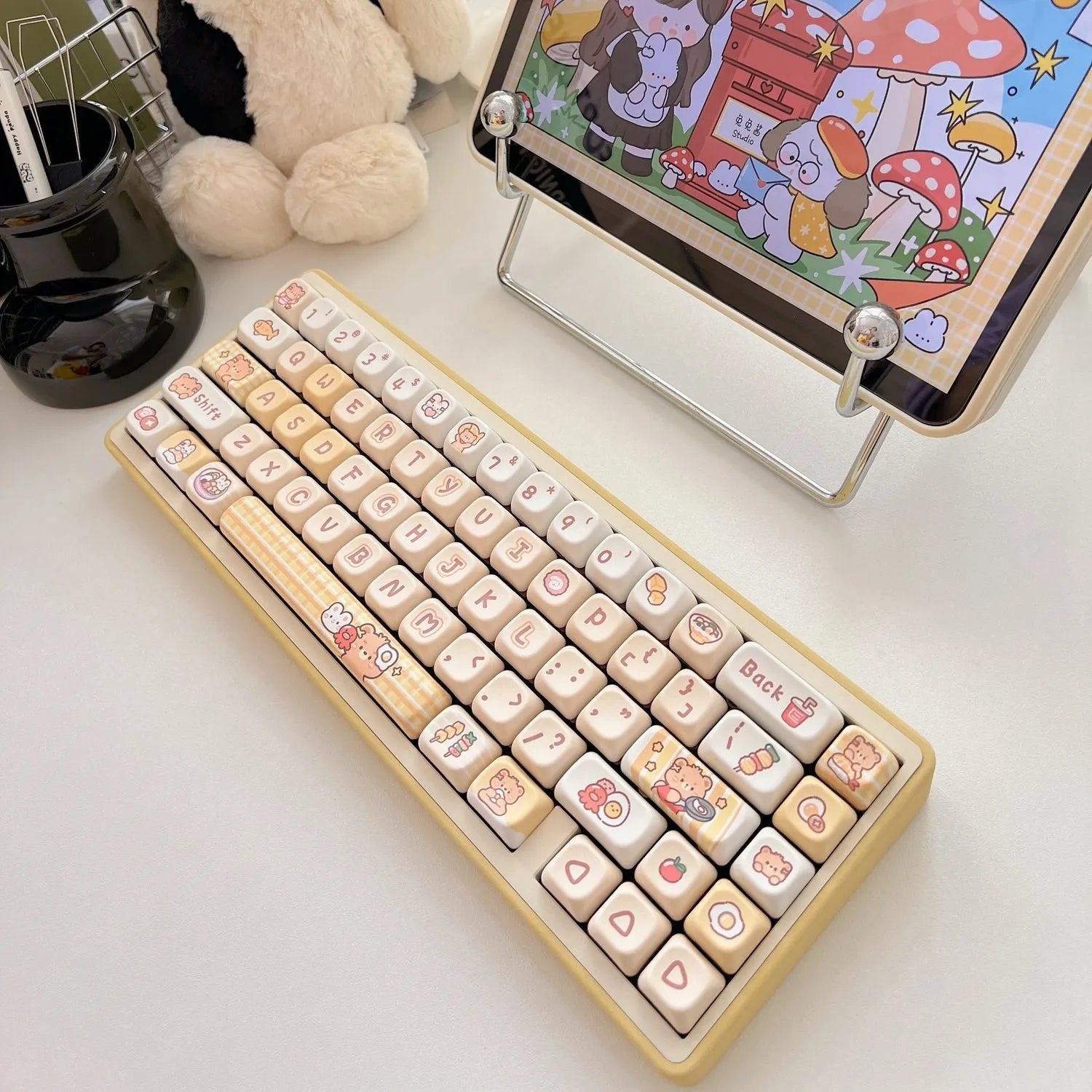 Rabbit Bear Restaurant themed PBT plastic keycap set with 140 pieces for mechanical keyboards, shown in EOA height profile.