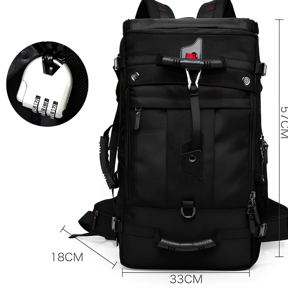 Multifunctional travel bag with multiple compartments in black, green, or blue colours showing 40L and 50L size options
