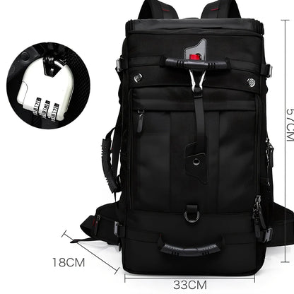 Multifunctional travel bag with multiple compartments in black, green, or blue colours showing 40L and 50L size options