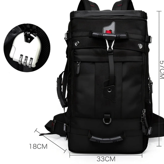 Multifunctional travel bag with multiple compartments in black, green, or blue colours showing 40L and 50L size options
