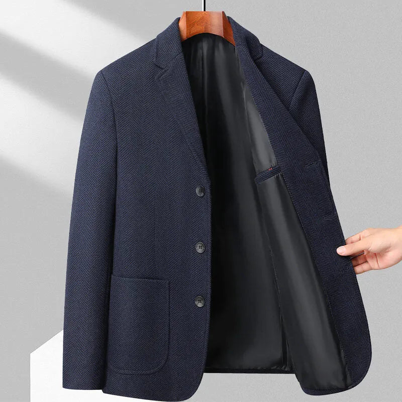 Men's solid colour loose fit wool blend coat for spring and autumn casual wear.