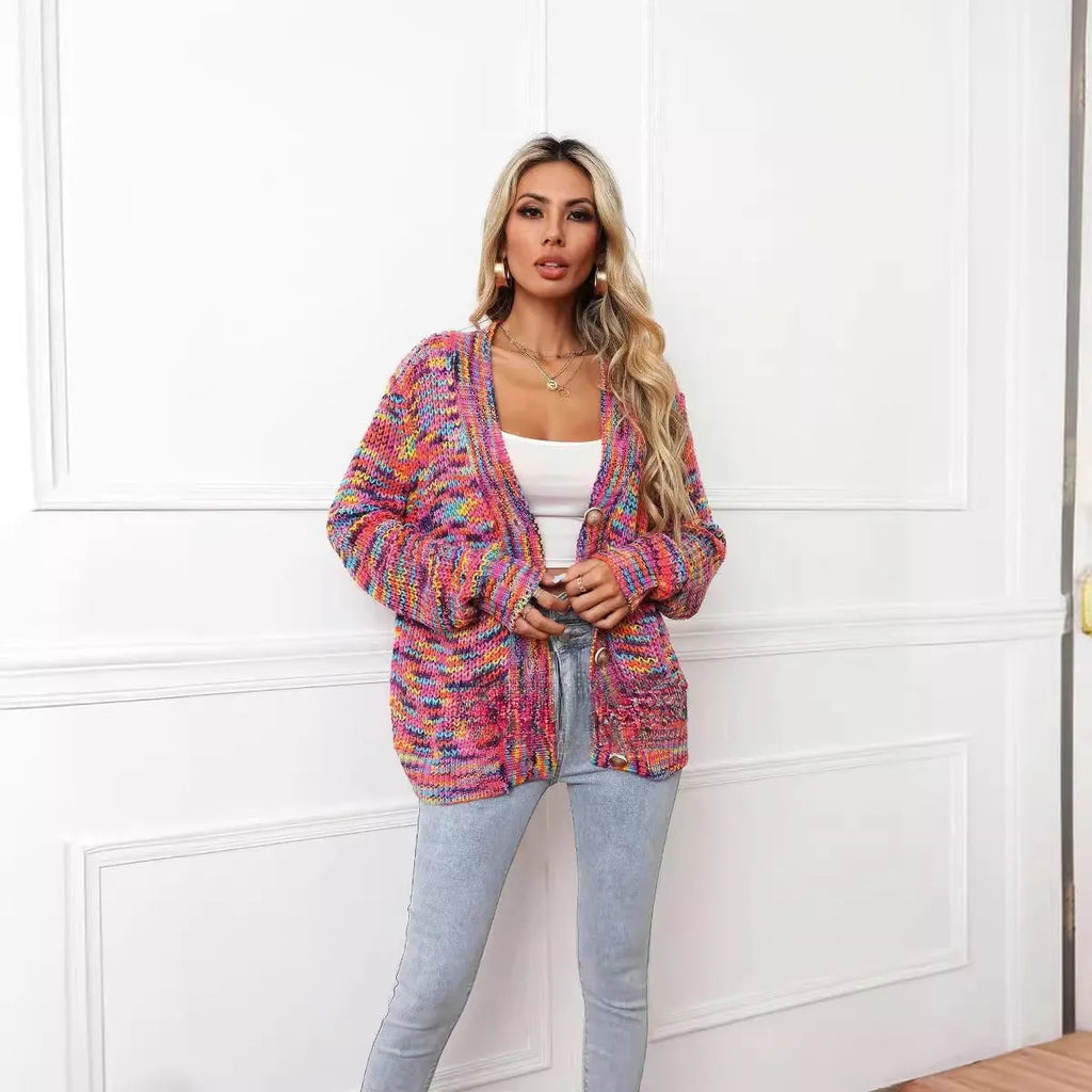 Rose red rainbow mixed colour festival cardigan knitted coat with loose street fashion fit