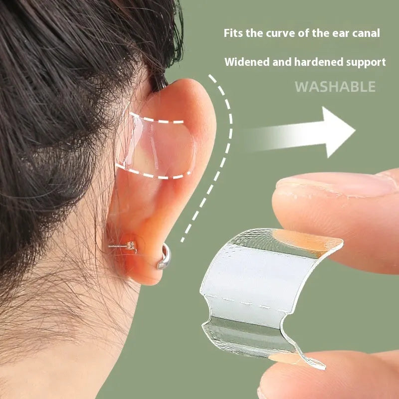 Close-up of transparent and frosted disposable TPU ear patches on backing paper, 0.1cm thick.