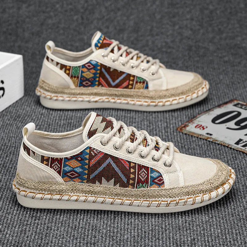 Men's beige and black casual cloth shoes with round toe design for summer