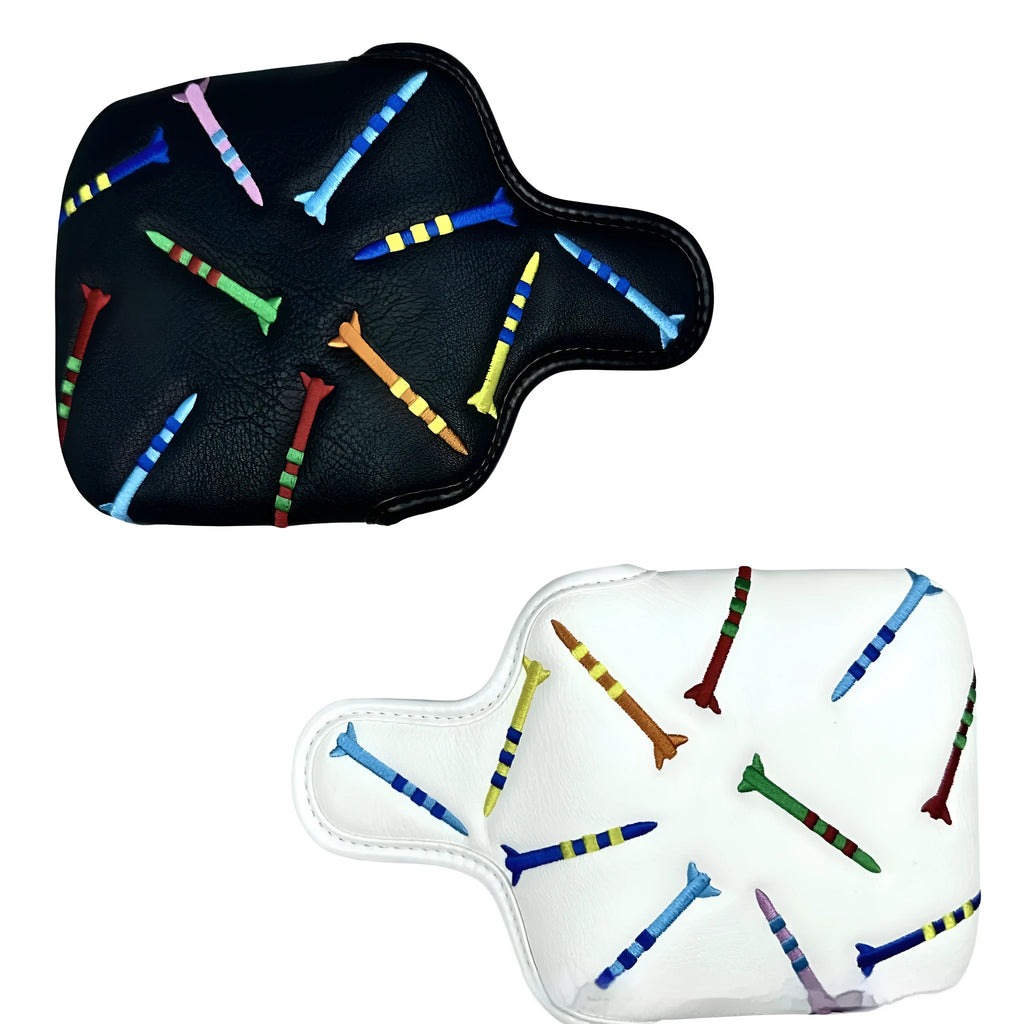 Square black golf putter head cover with white rocket pattern design